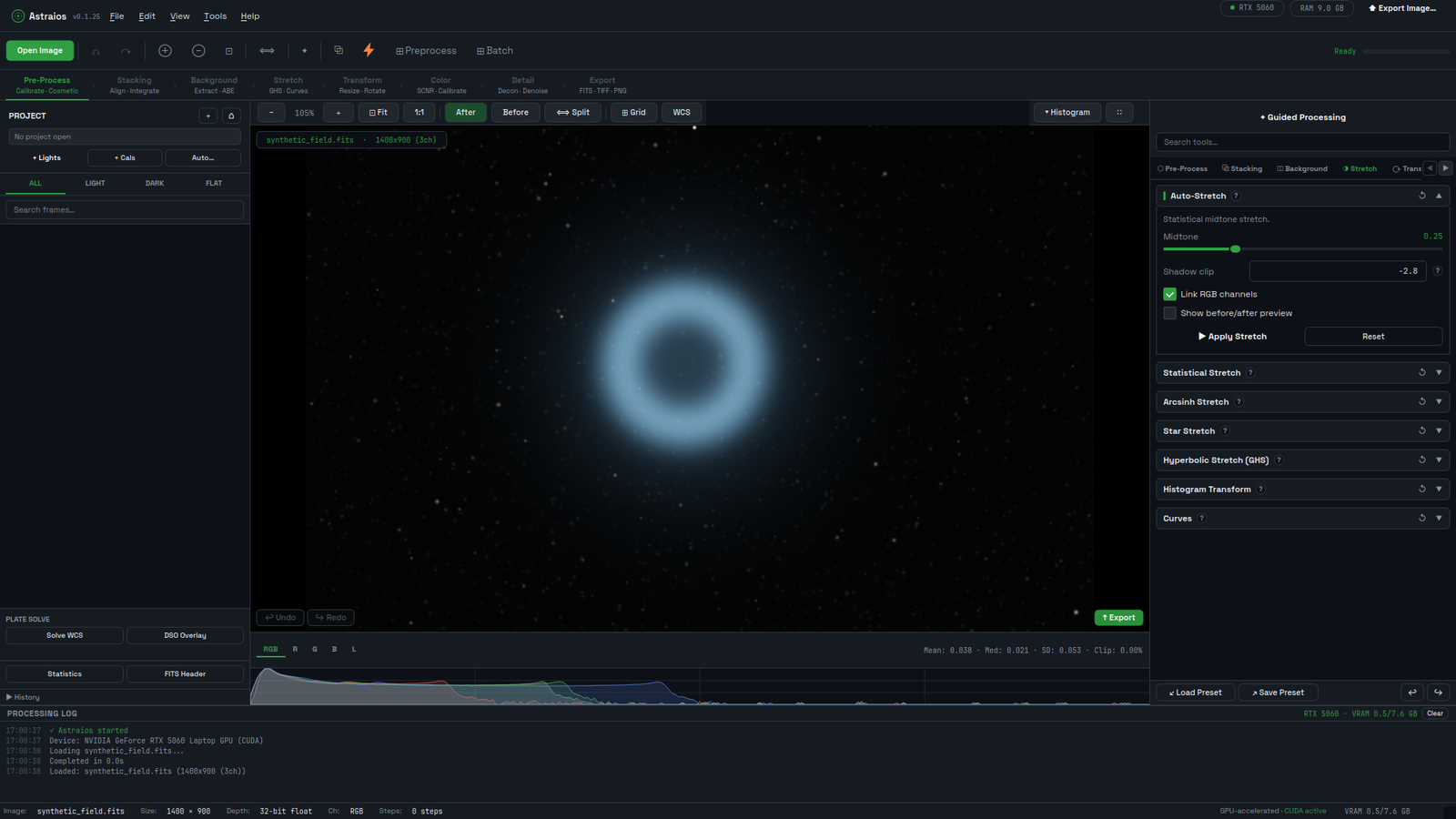 Astraios 0.1.25 main window: project panel on the left, a synthetic star field with a ring nebula on the canvas, the Stretch tools with Auto-Stretch open on the right, and the processing log reporting CUDA on an RTX 5060.